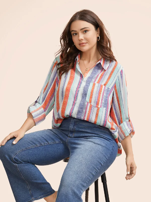Special Discounts Inside!Contrast Striped Patched Pocket Tab Sleeve Blouse