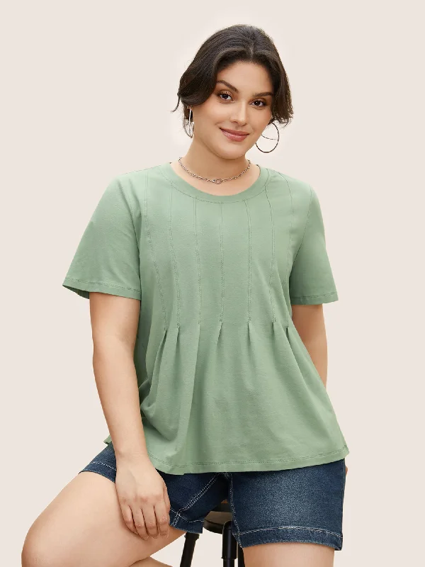 Stock Up and Save!Cotton Crew Neck Tucked Seam Pleated T-shirt