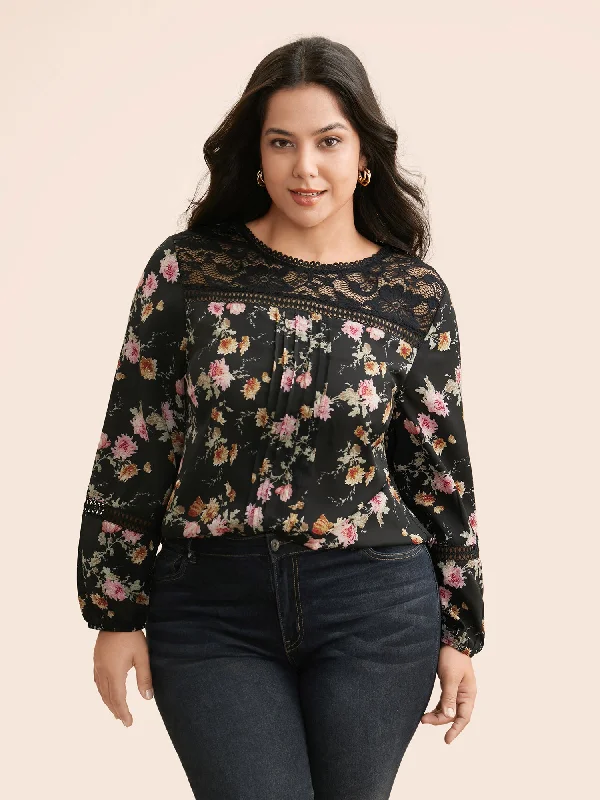Hot Deals You Can’t Resist!Floral Lace Panel Lantern Sleeve Blouse