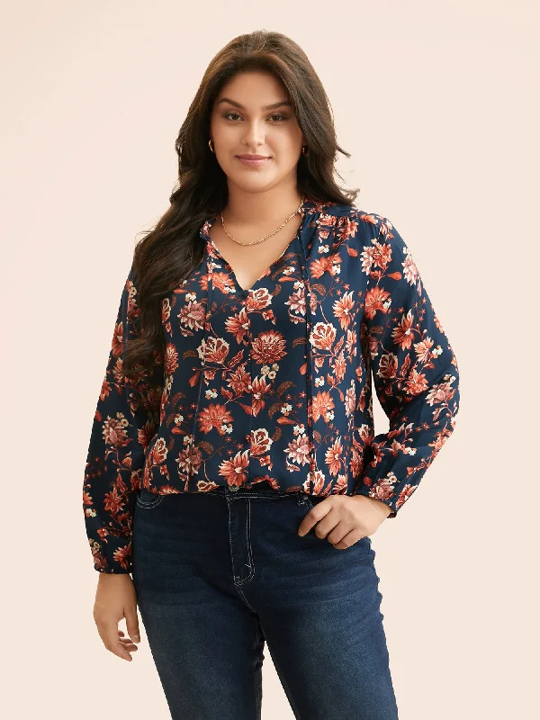 One Click Away from Big Savings!Floral Tie Knot Lantern Sleeve Blouse