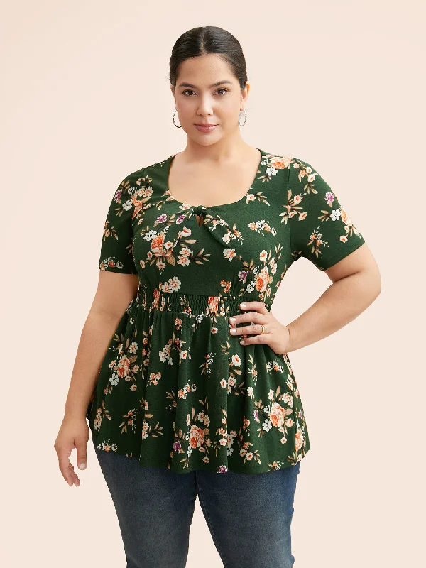 Shop Today, Save Tomorrow!Floral Tie Knot Shirred Jersey Top