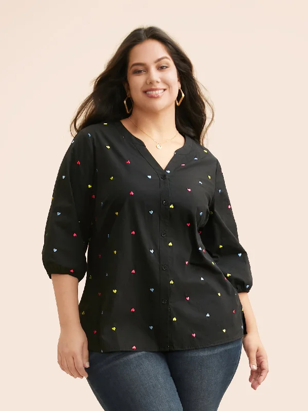 Everything Must Go!Heart Embroidered Notched Collar Gathered Shirt