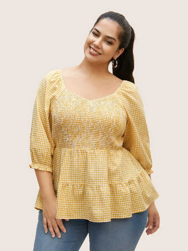 Your Best Deals Are Here!Heart Neckline Gingham Shirred Lantern Sleeve Blouse