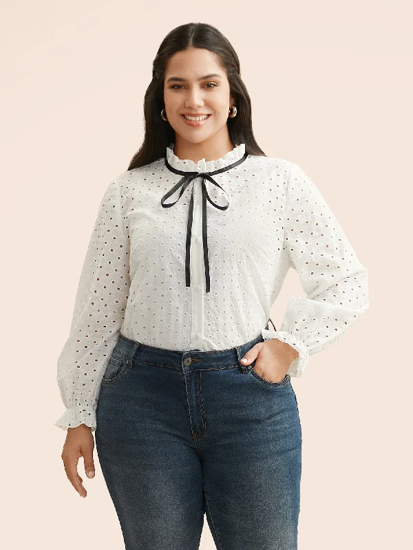 Save More with Every Purchase!Lace Collar Broderie Anglaise Tie Knot Blouse