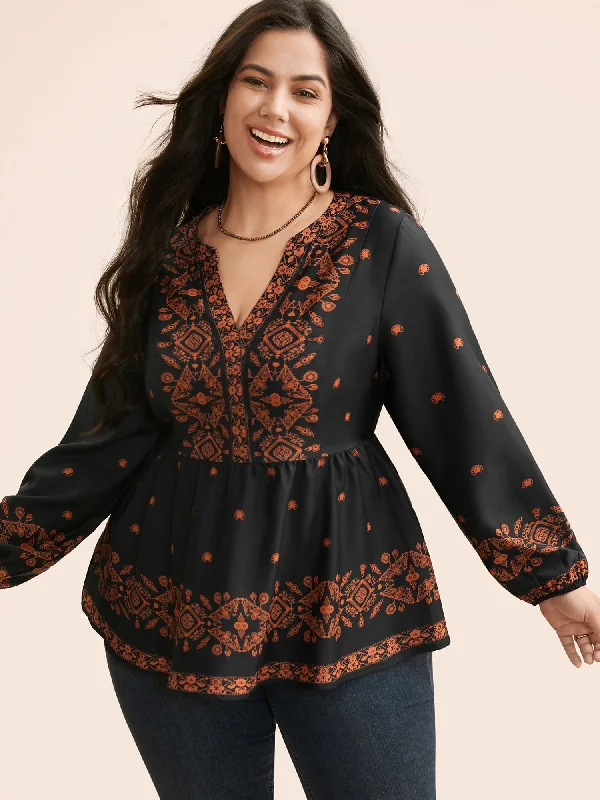 Shop Smart, Save Big!Notched Boho Print Gathered Blouse