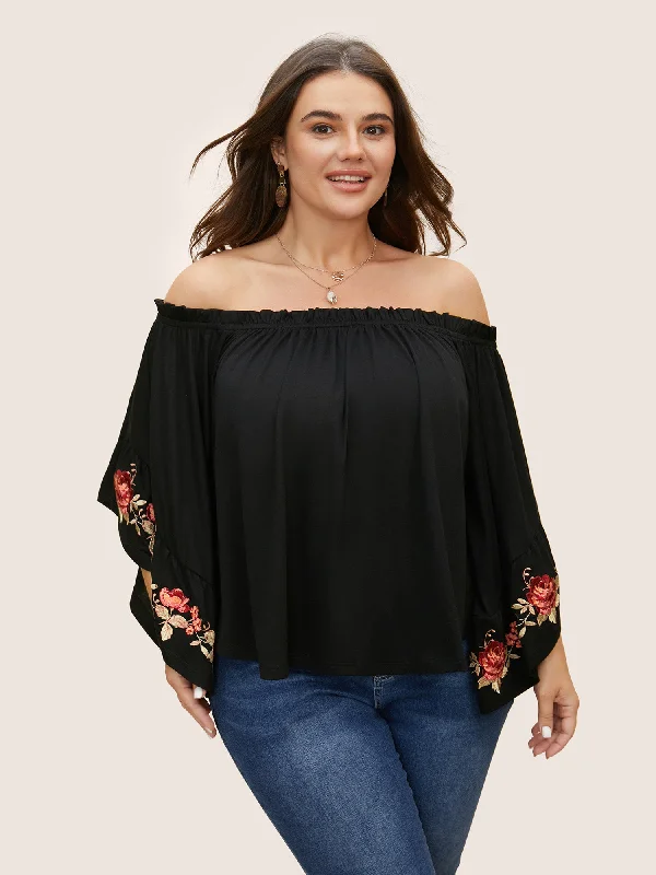 Don’t Wait – Shop Today!Off Shoulder Floral Embroidered Ruffle Sleeve T-shirt
