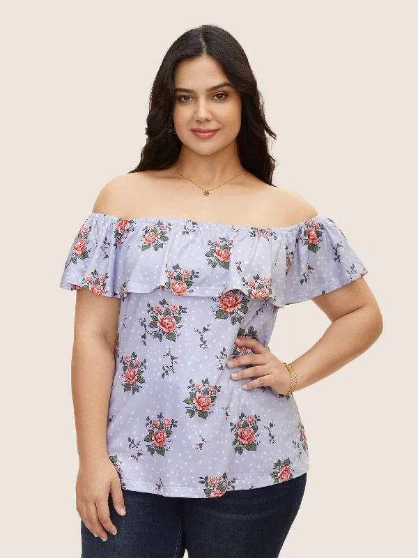 Limited-Time Price Drop!Off Shoulder Floral Ruffles Gathered T-shirt