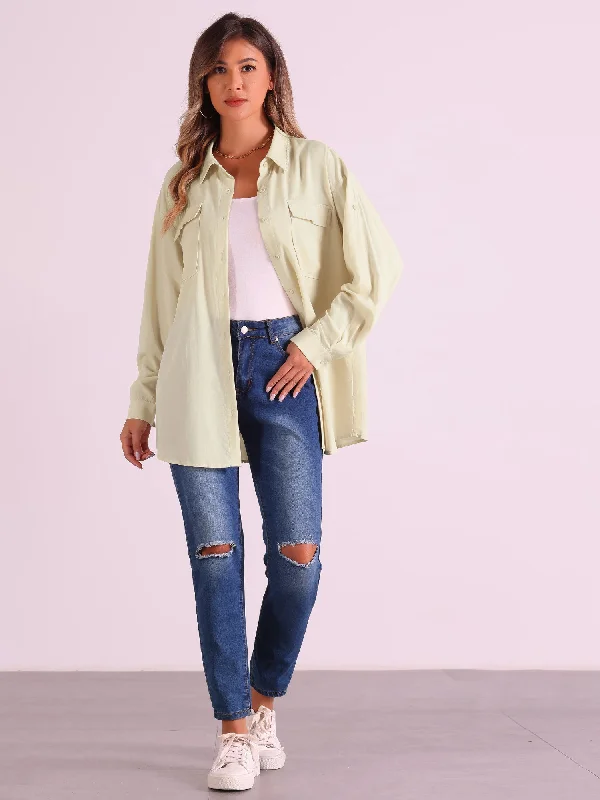 Massive Price Cuts!Loose Point Collar Roll-up Long Sleeve Button Down Shirts