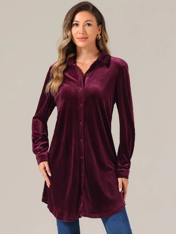 Best Deals Just for You!Velvet Button Down Long Sleeve Lapel Tunic Tops