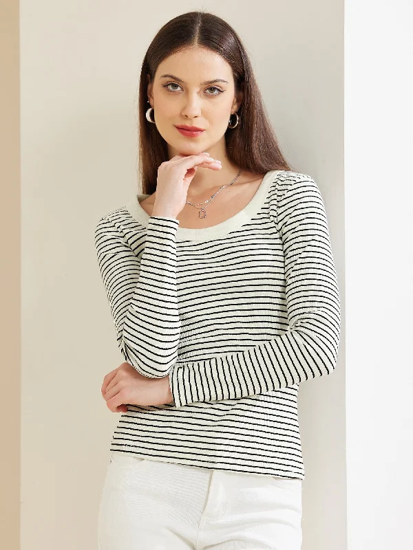 Lowest Prices Guaranteed!Stripe Stretch Scoop Neck Long Sleeve Casual Basic Top