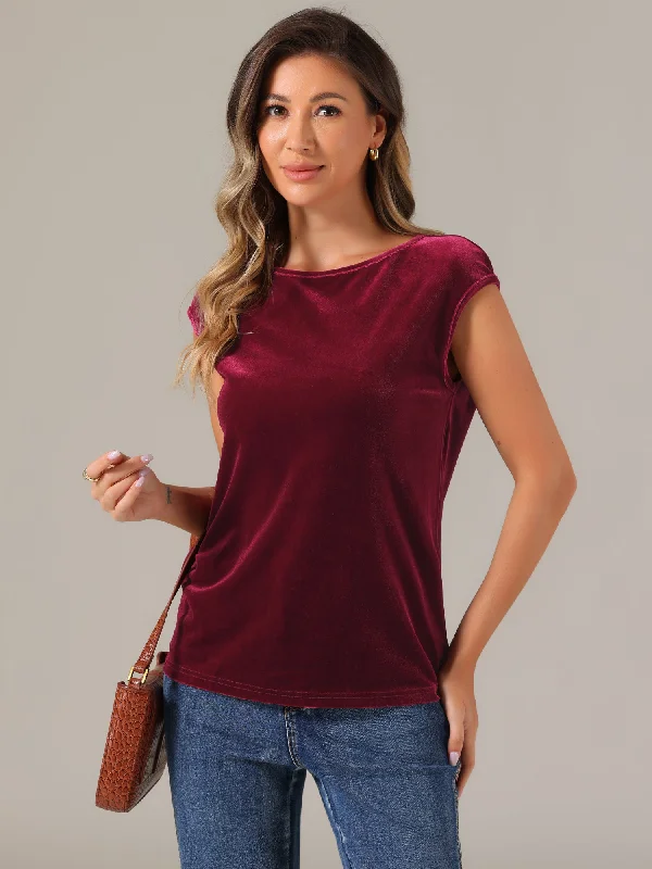 Save Like Never Before!Velvet Cap Sleeve Casual Basic Round Neck Blouse