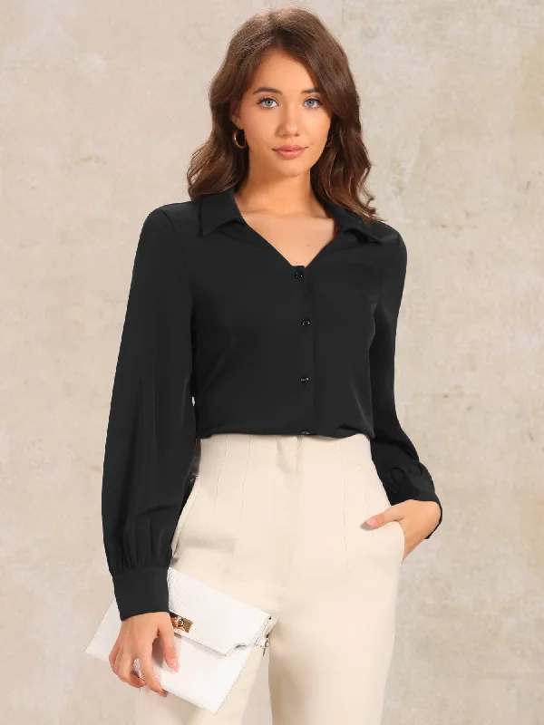 Incredible Savings Inside!Collar Button Down Lantern Long Sleeve V Neck Work Shirt