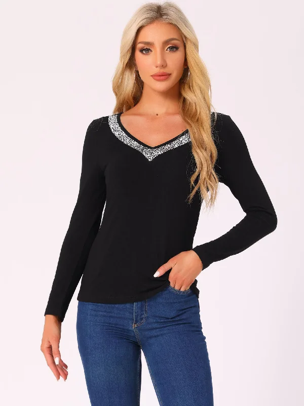 Save Up to 50% Off!Sequins Long Sleeve V Neck Basic Casual Blouse