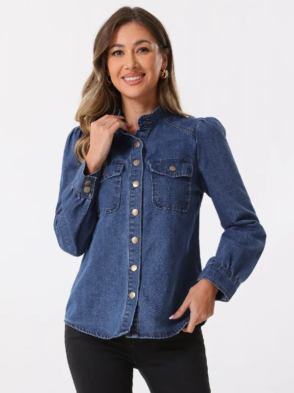 Limited Edition, Limited Price!Denim Mock Neck Puff Long Sleeve Button Down Jean Shirt