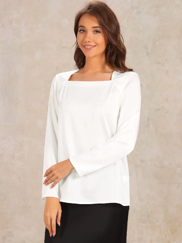 Shop Early, Save Big!Square Neck Solid Long Sleeve Loose Satin Blouse