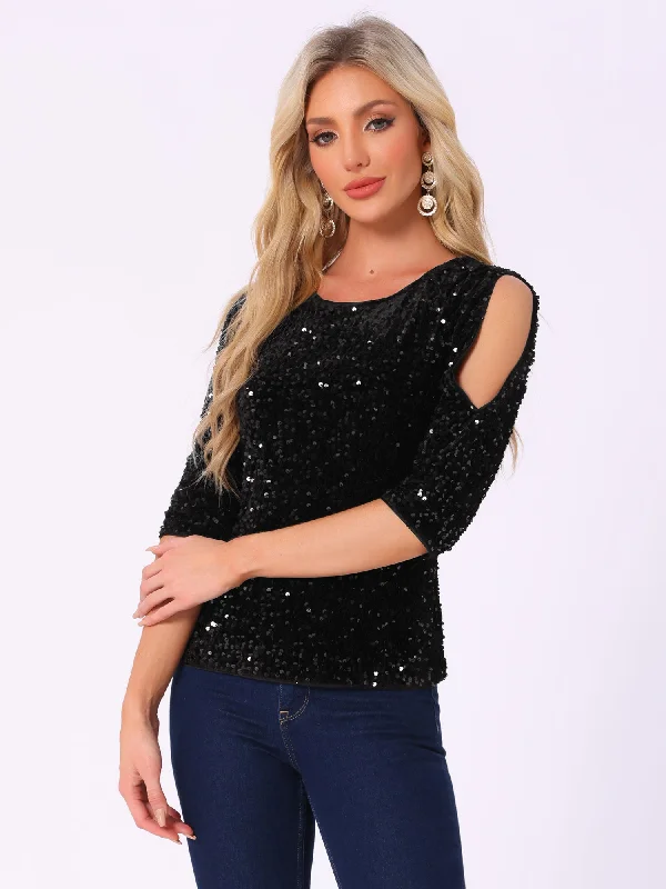 Great Deals, Just for You!Sparkle Sequin Velvet 3/4 Sleeve Cut-Out Blouse