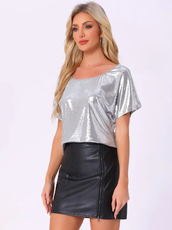 Upgrade for Less!Metallic Off Shoulder Short Sleeve Loose Party Sparkly Blouse