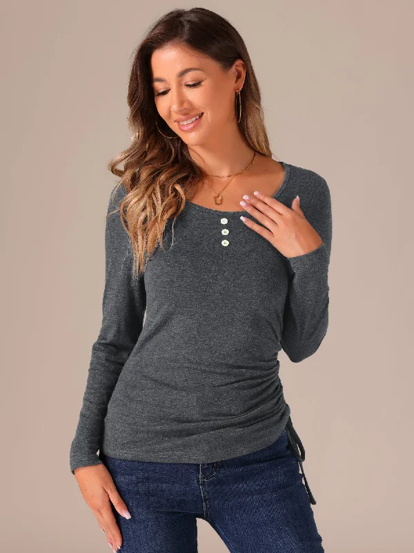 Price Drops You’ll Love!Scoop Neck Button Stretch Ruched Drawstring Top
