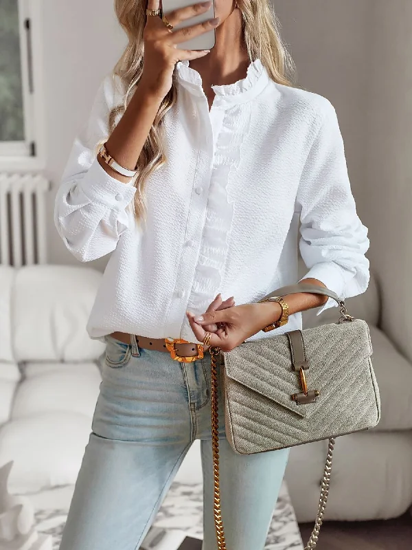 Buy More, Save More!Striped Ruffled Textured Long Sleeves Button Down Shirts