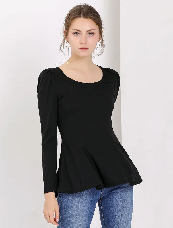 Your Exclusive Offer Awaits!Long Sleeve Scoop Neck Casual Peplum Blouse