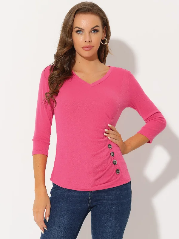 Must-Have Deals Inside!3/4 Sleeve Solid Knitted Button Decor Ruched Blouse