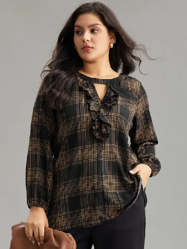 Don't Miss Out!Plaid Keyhole Frill Trim Lantern Sleeve Blouse