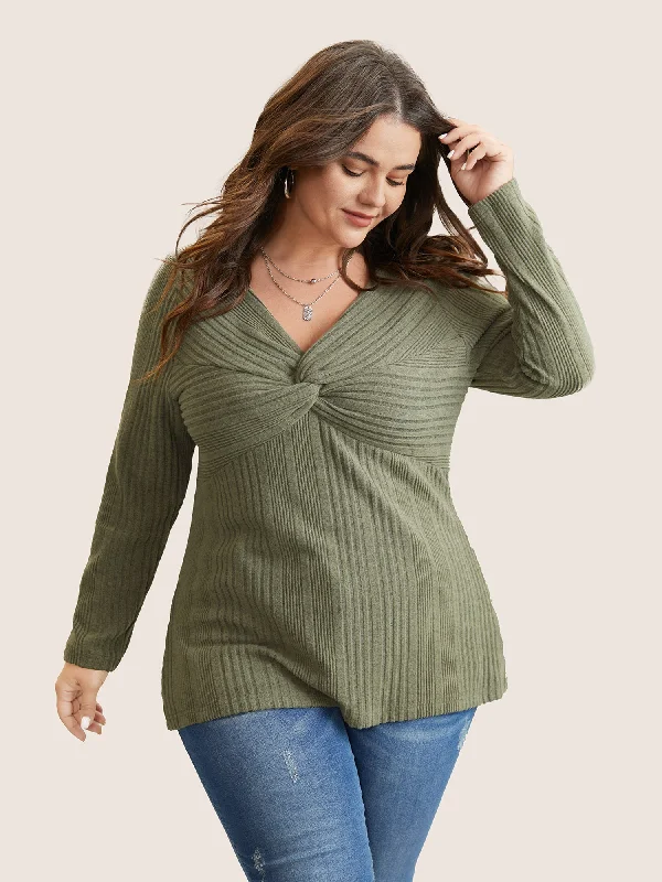 Special Discounts Inside!Plain Texture Twist Front Rib Knit T-shirt