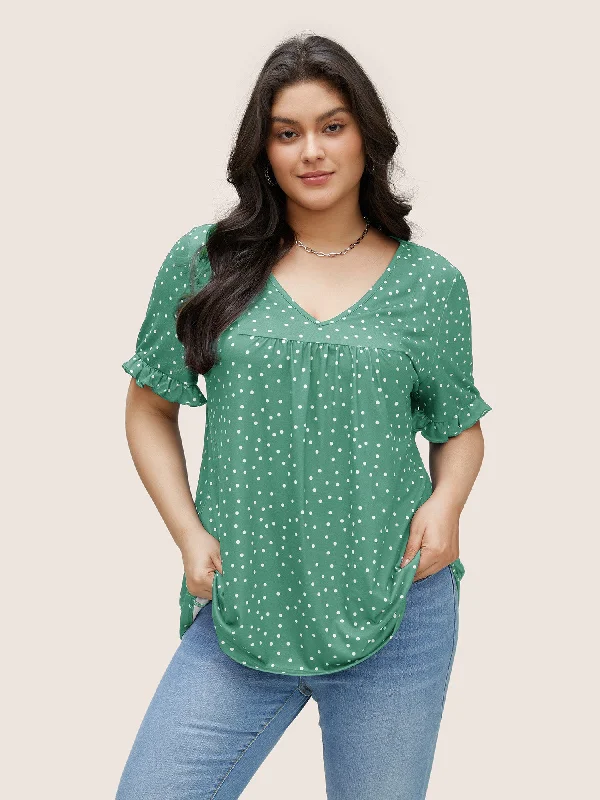 Limited Deals, Unlimited Savings!Polka Dot Print Gathered Frill Trim T-shirt