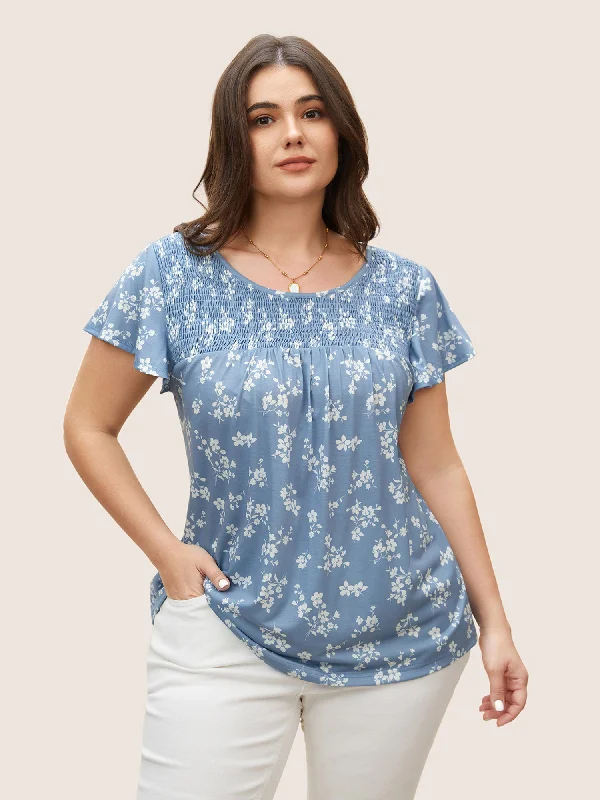 Best Offers of the Month!Round Neck Floral Print Shirred T-shirt