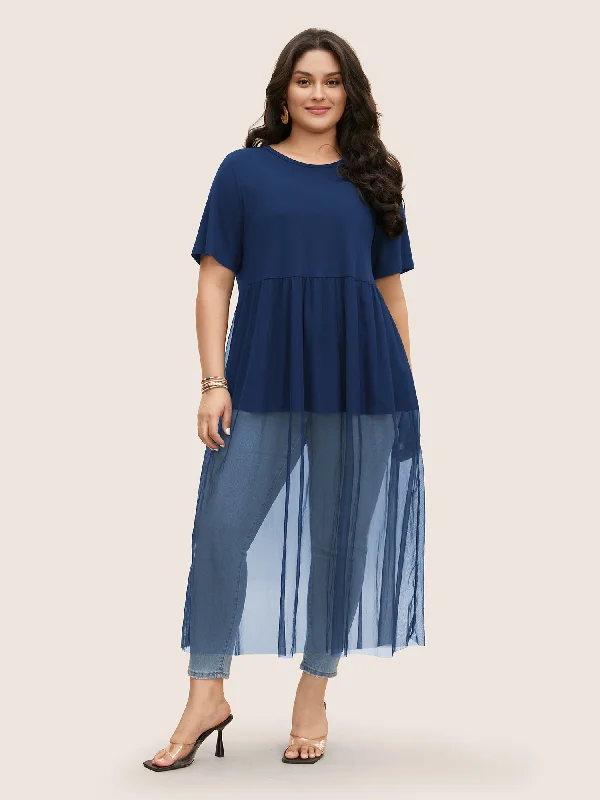 Save More When You Shop More!Round Neck Mesh Patchwork Medium Stretch T-shirt