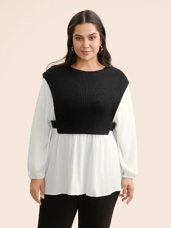 Time to Snag a Bargain!Round Neck Patchwork Contrast Gathered Blouse