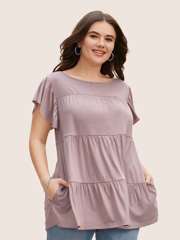 The Best Offers Are Here!Solid Pocket Flutter Sleeve Patchwork Hem T-shirt