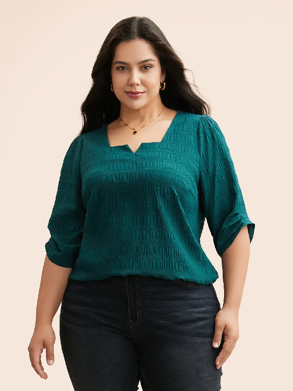 Time to Save Big!Solid Textured Notched Pleated Blouse
