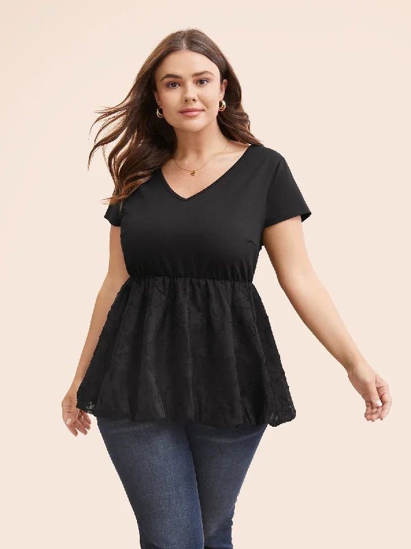 The Best Offers Are Here!Solid Textured Patchwork Bubble Hem T-shirt