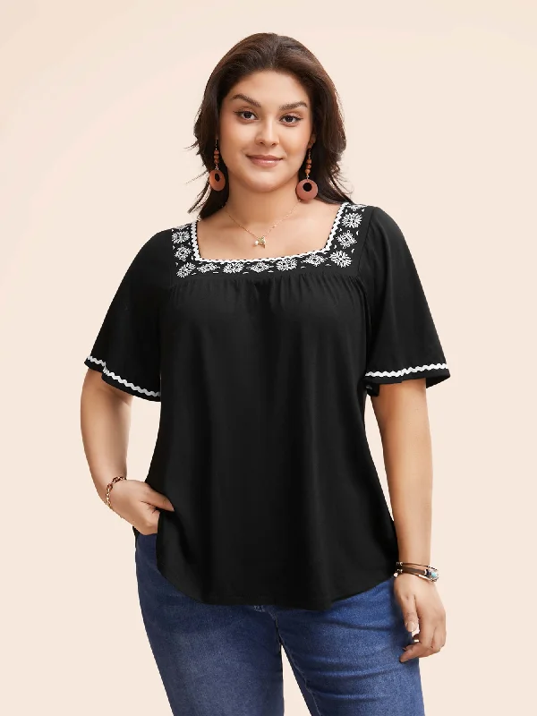 Seasonal Sale – Shop Now!Square Neck Floral Embroidered T-shirt