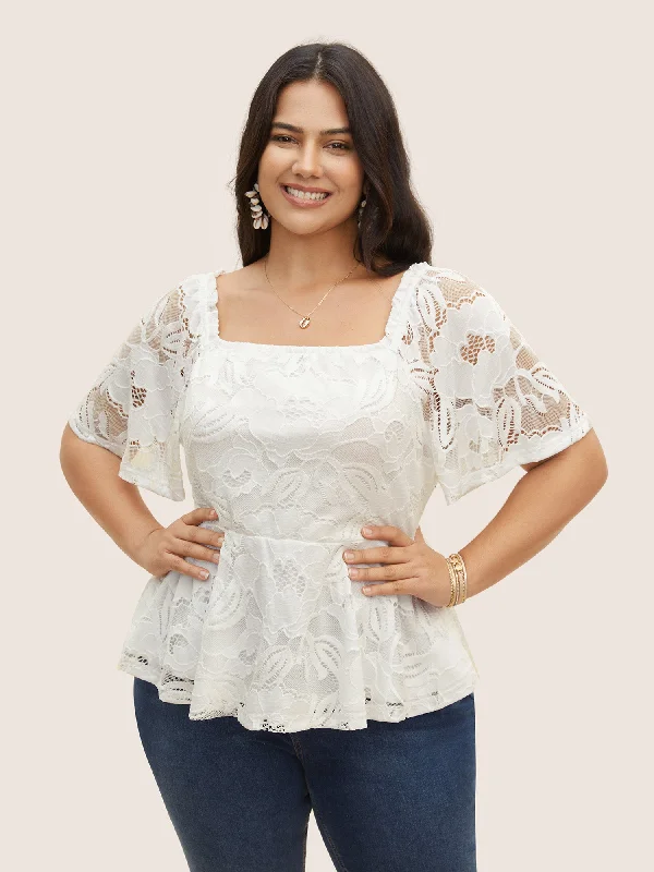 Save More with Every Purchase!Square Neck Floral Lace Panel T-shirt