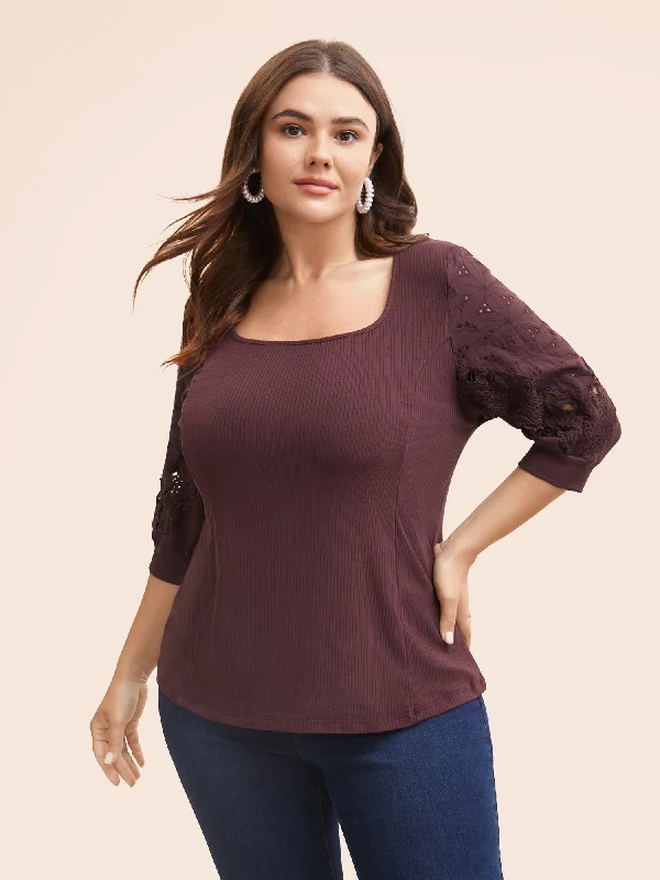 Huge Savings – Act Now!Square Neck Texture Patchwork Broderie Anglaise T-shirt