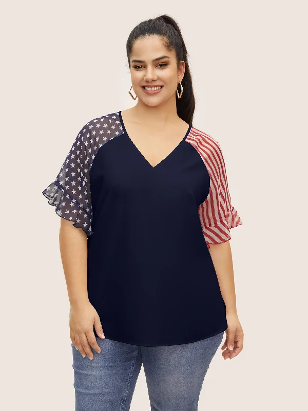 Your Shopping Spree Starts Here!Star & Striped Ruffles Raglan Sleeve Blouse