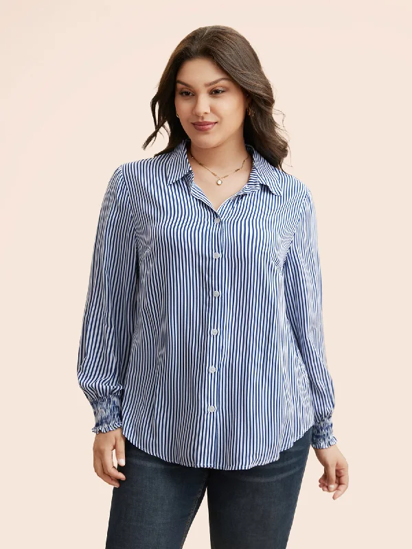 Every Deal is a Steal!Striped Shirt Collar Shirred Blouse