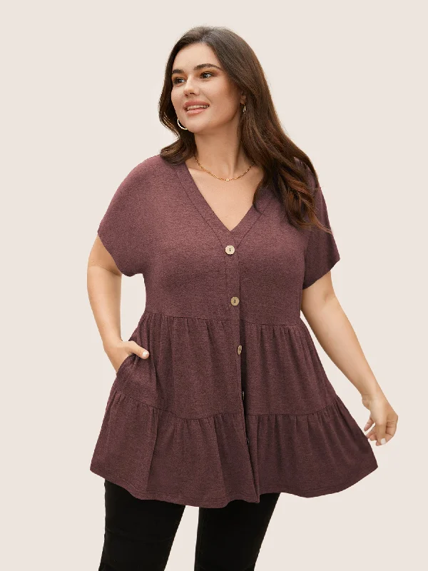 Must-Have Deals Inside!V Neck Button Detail Ruffle Layered Hem T-shirt