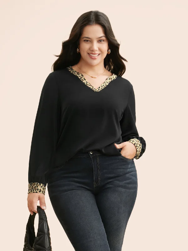 One Day Only – Huge Savings!V Neck Leopard Print Patchwork Blouse