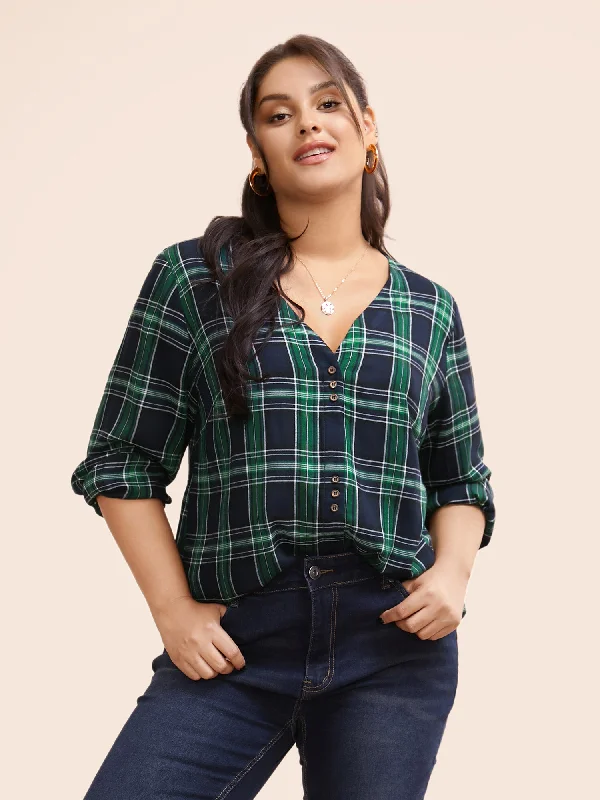 Save Money, Shop Happy!V Neck Plaid Button Detail Blouse