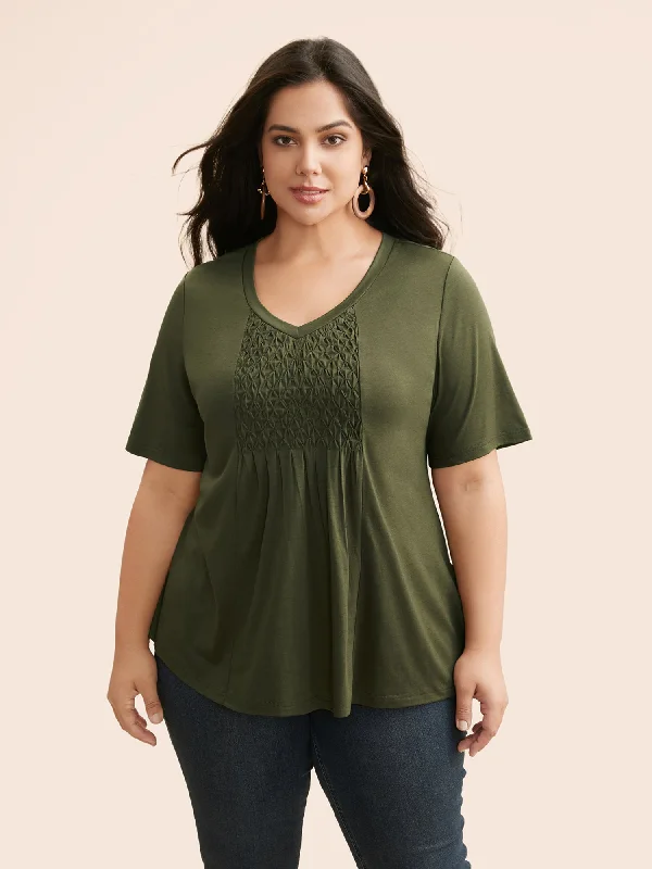 Great Deals, Just for You!V Neck Shirred Patchwork Jersey Top