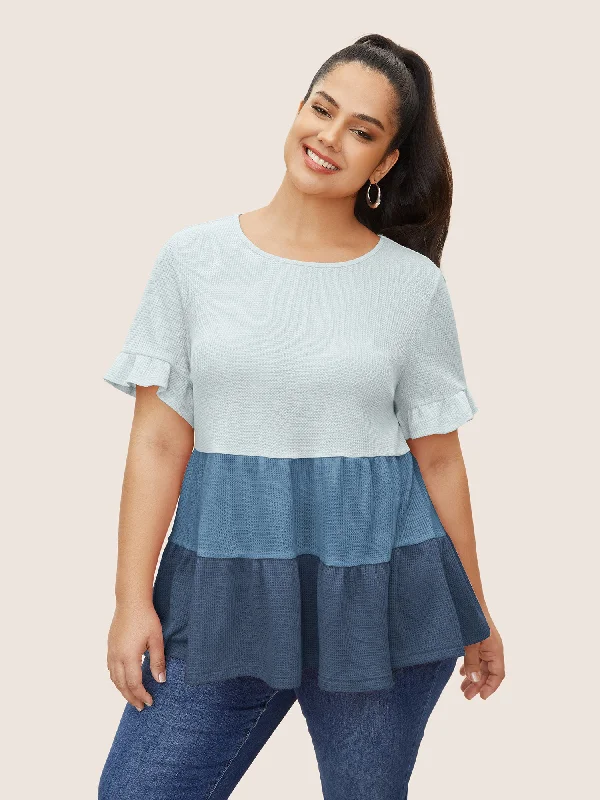 Unlock Huge Savings Now!Waffle Knit Contrast Ruffle Layered Hem T-shirt