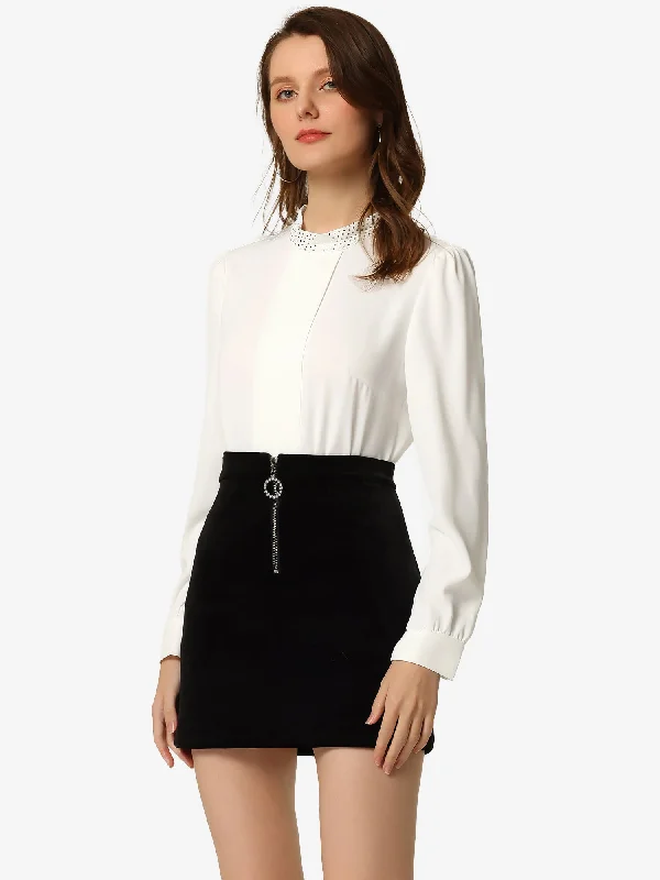 Limited Edition, Limited Price!Work Top Pleated Front Long Sleeve Mock Neck Blouse