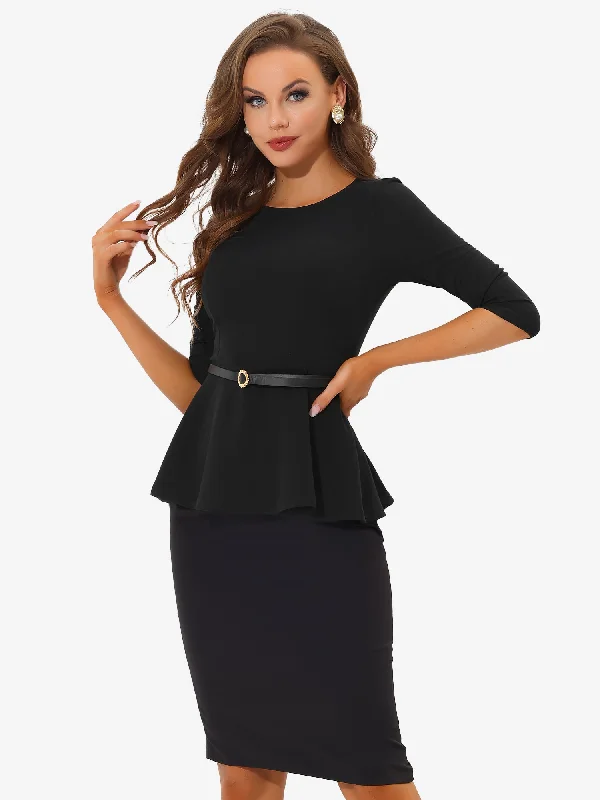 Mega Sale Happening Now!3/4 Sleeve Belted Peplum Elegant Business Work Blouse