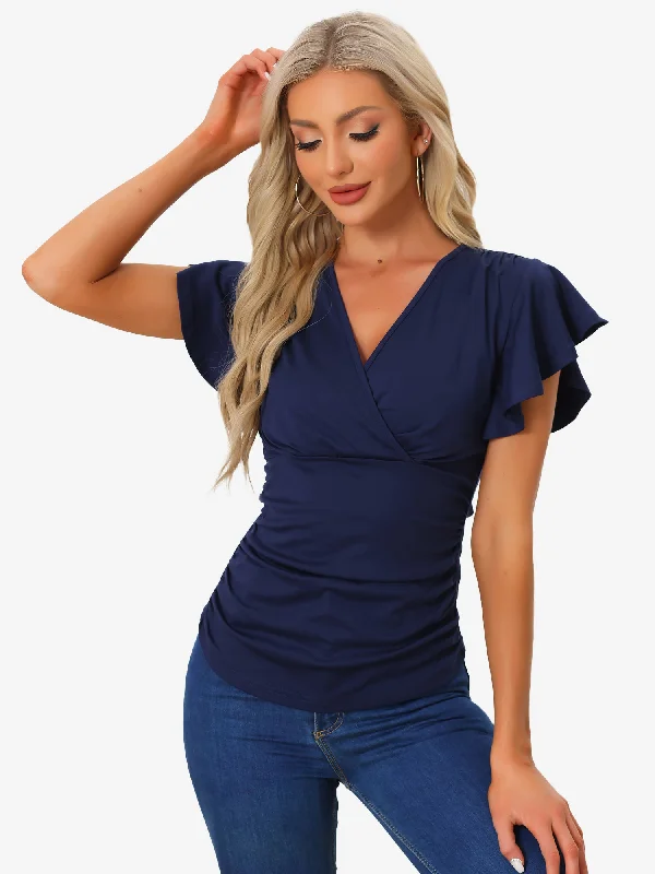 Massive Price Cuts!Faux Wrap Blouse Summer V Neck Ruffle Sleeve Casual Top Blouse