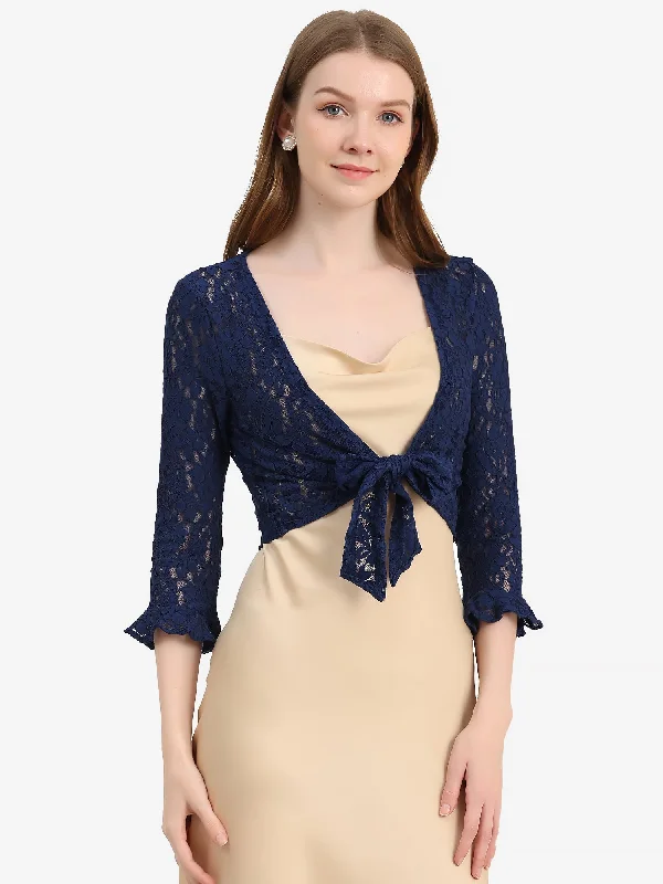Act Fast – Limited Time Savings!Elegant Ruffle 3/4 Sleeve Cropped Tie Front Lace Bolero Shrug Act Fast – Limited Time Savings!Elegant Ruffle 3/4 Sleeve Cropped Tie Front Lace Bolero Shrug