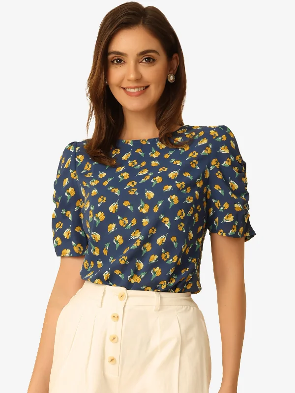 Your Dream Deal is Here!Crew Neck Floral Casual Shirred Short Sleeve Blouse