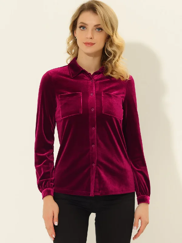 Lowest Prices Guaranteed!Pocket Front Velvet Blouse Long Sleeve Casual Button Down Shirt Lowest Prices Guaranteed!Pocket Front Velvet Blouse Long Sleeve Casual Button Down Shirt